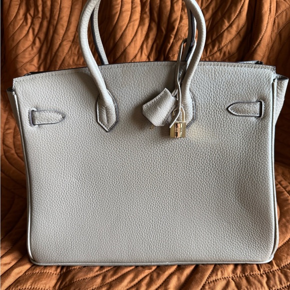 Tan Genuine Leather, Birkin-Inspired Tote with Gold Lock - Picture 6 of 12